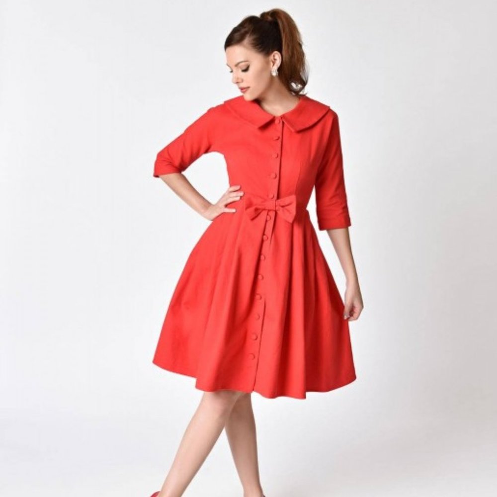 Unique Vintage Red Button Up Sleeved Hedren Coatdress 1950s Size Large NWT